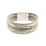 The Origin Textured Silver/Silver Beads & Crystals Magnetic Bracelet features layered textured bands, metallic wire accents, silver beads, and a rectangular magnetic clasp.