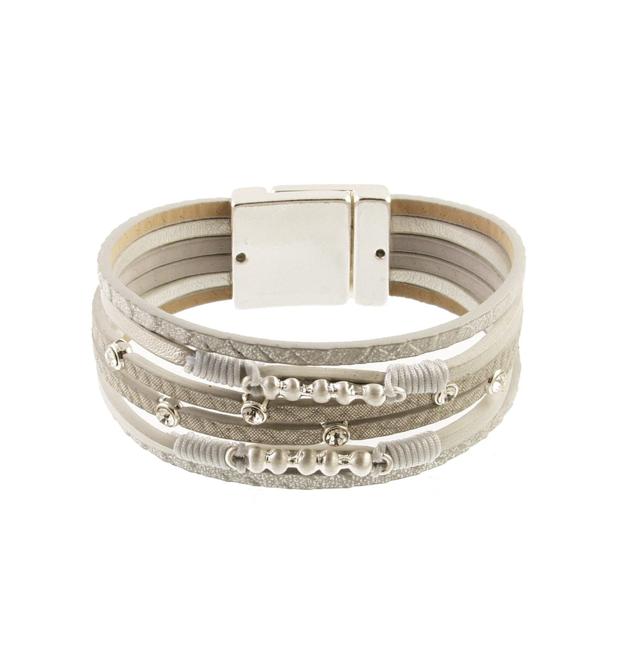 The Origin Textured Silver/Silver Beads & Crystals Magnetic Bracelet features layered textured bands, metallic wire accents, silver beads, and a rectangular magnetic clasp.
