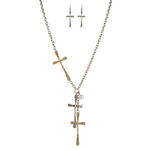 The Two-Toned Hammered Cross Necklace Set by A-Train showcases overlapping gold and silver textured crosses, paired with matching dangle earrings for a bold look.