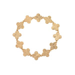 The A-Train Gold Line Etched Clovers Stretch Bracelet features textured four-leaf clover links and small round beads in a stylish circular pattern—ideal for everyday wear.