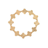 The A-Train Gold Line Etched Clovers Stretch Bracelet features textured four-leaf clover links and small round beads in a stylish circular pattern—ideal for everyday wear.