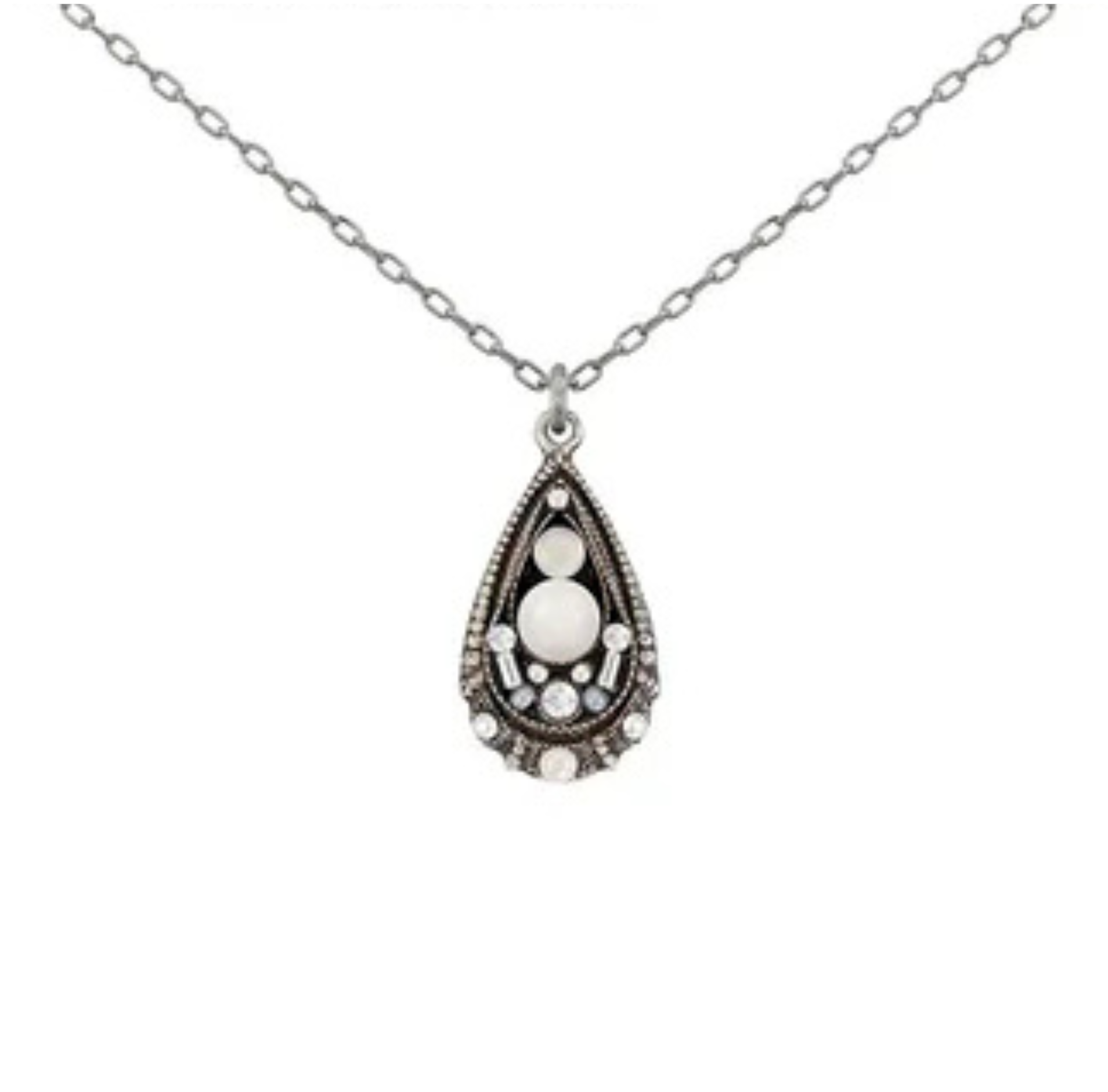 Adorn yourself with the Teardrop Glass Pearl Pendant White Necklace by Firefly, featuring a delicate silver chain and a teardrop-shaped pendant with a central white glass pearl accented by smaller border stones in an ornate, vintage-inspired setting. Handmade with Firefly’s signature craftsmanship, this elegant necklace is perfect for those who appreciate unique and timeless accessories.