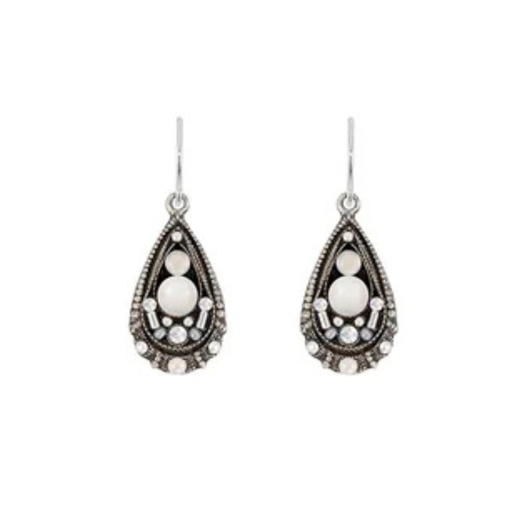 Discover the Teardrop Glass Pearl White Earrings by Firefly—a beautifully handmade pair featuring vintage-inspired design with white teardrop glass pearls at the center, intricate silver detailing, and delicate clear gemstones around the edges. Perfect for those who treasure timeless jewelry from Firefly.