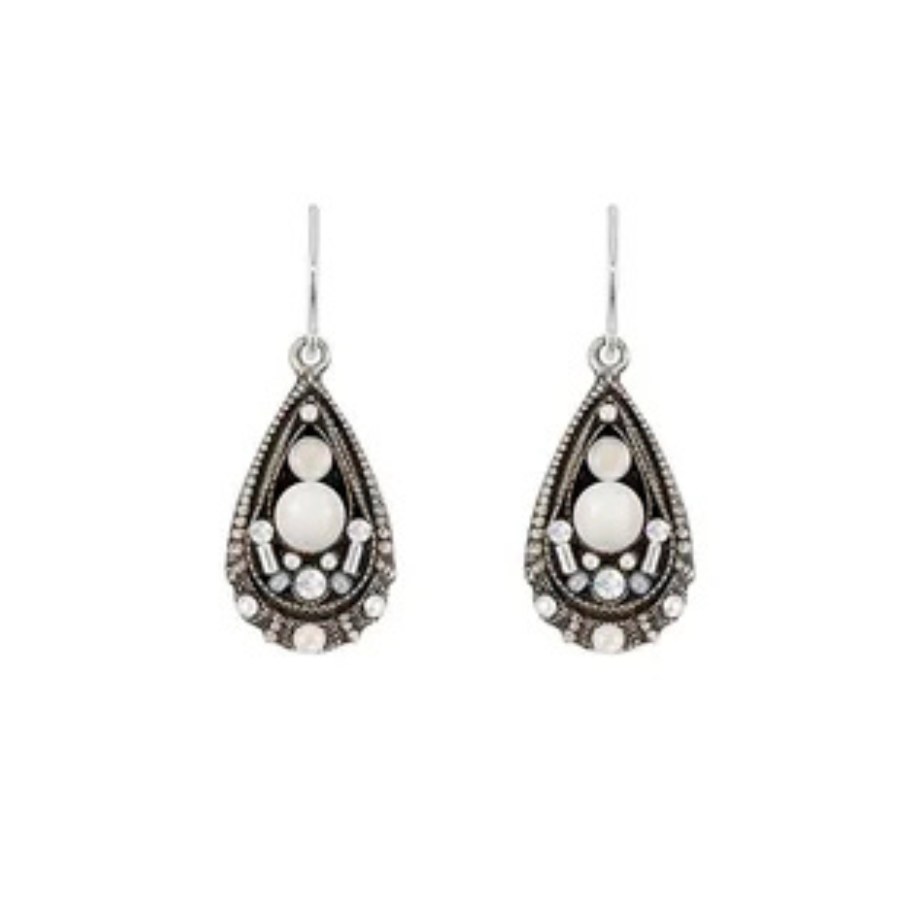 Discover the Teardrop Glass Pearl White Earrings by Firefly—a beautifully handmade pair featuring vintage-inspired design with white teardrop glass pearls at the center, intricate silver detailing, and delicate clear gemstones around the edges. Perfect for those who treasure timeless jewelry from Firefly.