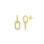 The Classic of New York Gold Plated Micro Pave Paperclip Earrings feature oval-shaped dangles accented with sparkling white stones, adding elegance and brilliance to any look, shown on a white background.