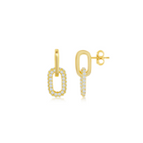 The Classic of New York Gold Plated Micro Pave Paperclip Earrings feature oval-shaped dangles accented with sparkling white stones, adding elegance and brilliance to any look, shown on a white background.