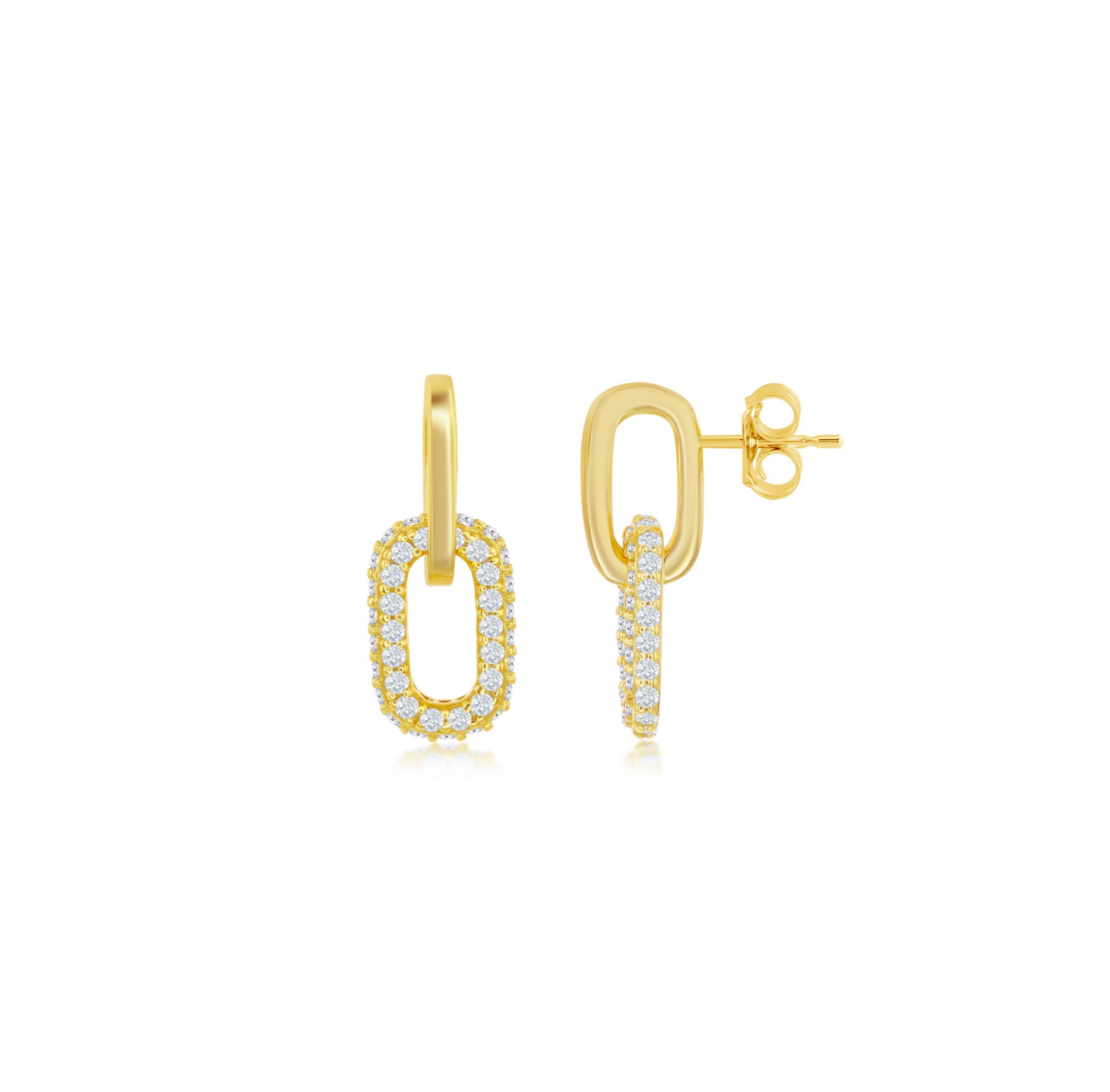 The Classic of New York Gold Plated Micro Pave Paperclip Earrings feature oval-shaped dangles accented with sparkling white stones, adding elegance and brilliance to any look, shown on a white background.
