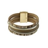 The Origin Shiny Gold/Stripe Print Magnetic Bracelet features multiple leather strands, metallic accents, and a rectangular gold magnetic clasp in beige and gold tones for a modern, stylish look.