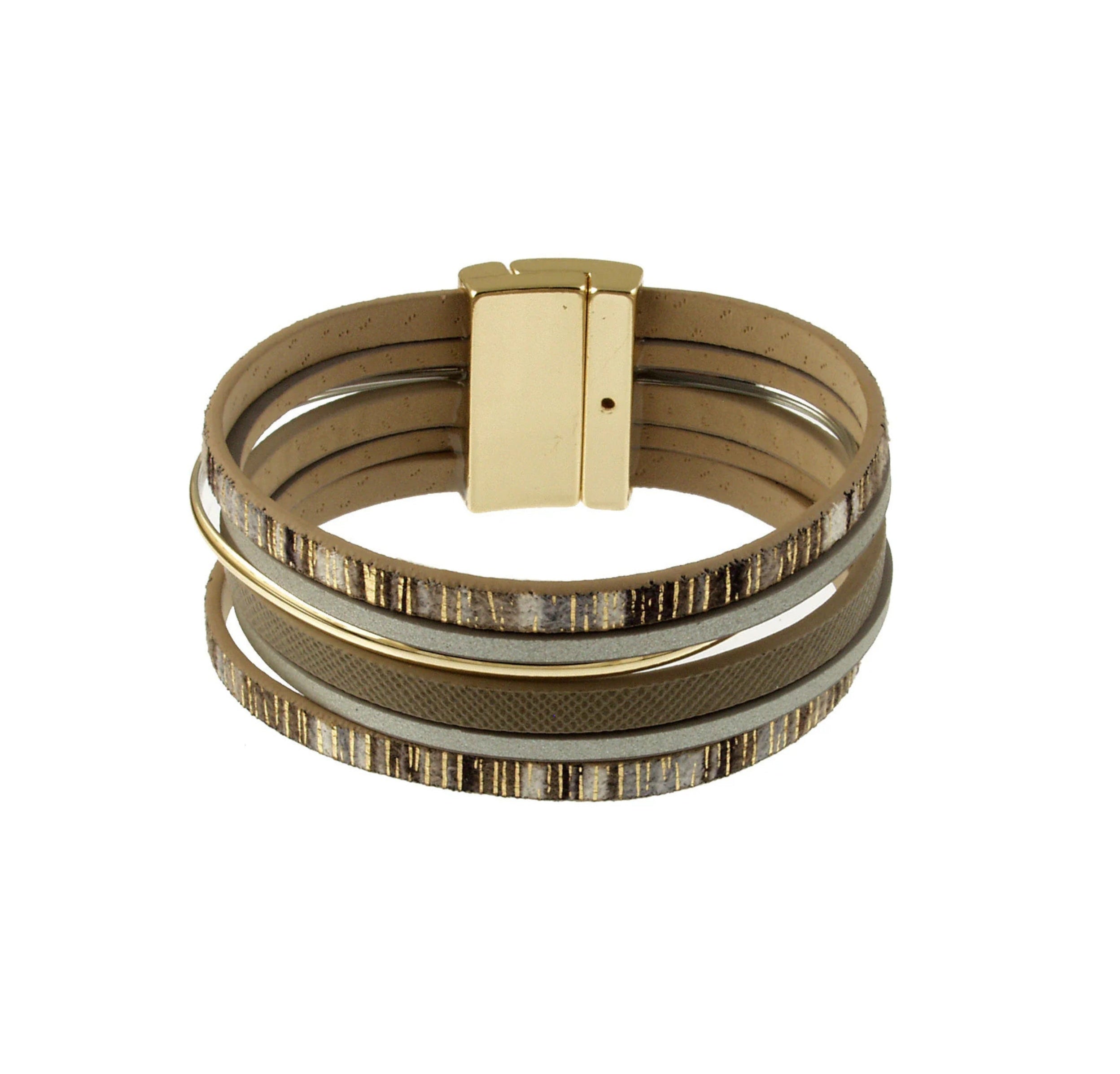 The Origin Shiny Gold/Stripe Print Magnetic Bracelet features multiple leather strands, metallic accents, and a rectangular gold magnetic clasp in beige and gold tones for a modern, stylish look.