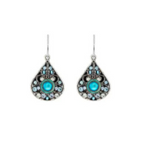 Moonlight Large Filigree Teardrop Light Blue Earrings by Firefly: These exquisite handmade earrings feature a teardrop-shaped silver design with intricate filigree detailing, light blue central stones, and sparkling clear and blue accent gems, beautifully displayed on a white background. Crafted with care by Firefly, they are the perfect choice for those seeking elegant Fair Trade Jewelry.