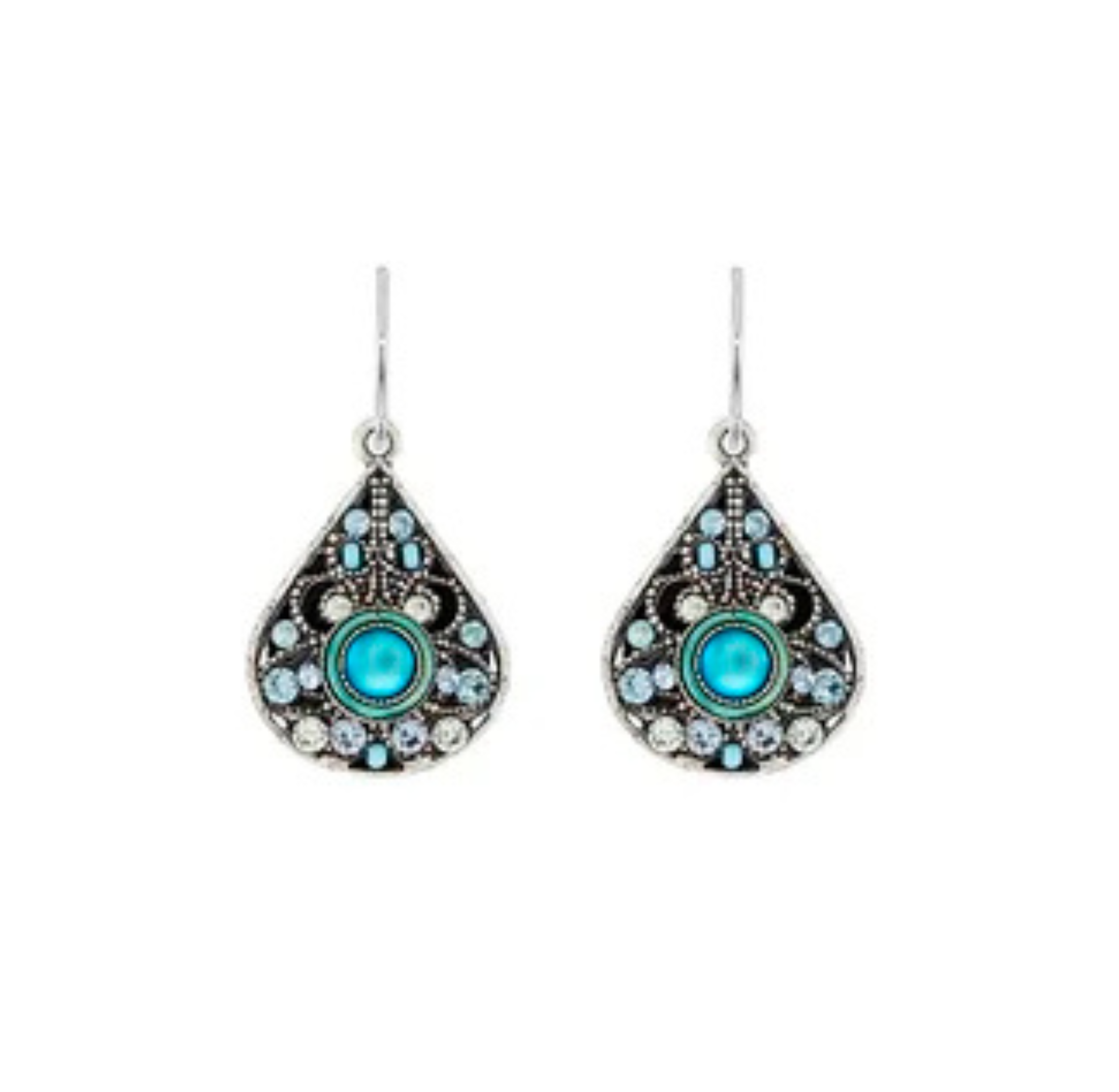 Moonlight Large Filigree Teardrop Light Blue Earrings by Firefly: These exquisite handmade earrings feature a teardrop-shaped silver design with intricate filigree detailing, light blue central stones, and sparkling clear and blue accent gems, beautifully displayed on a white background. Crafted with care by Firefly, they are the perfect choice for those seeking elegant Fair Trade Jewelry.
