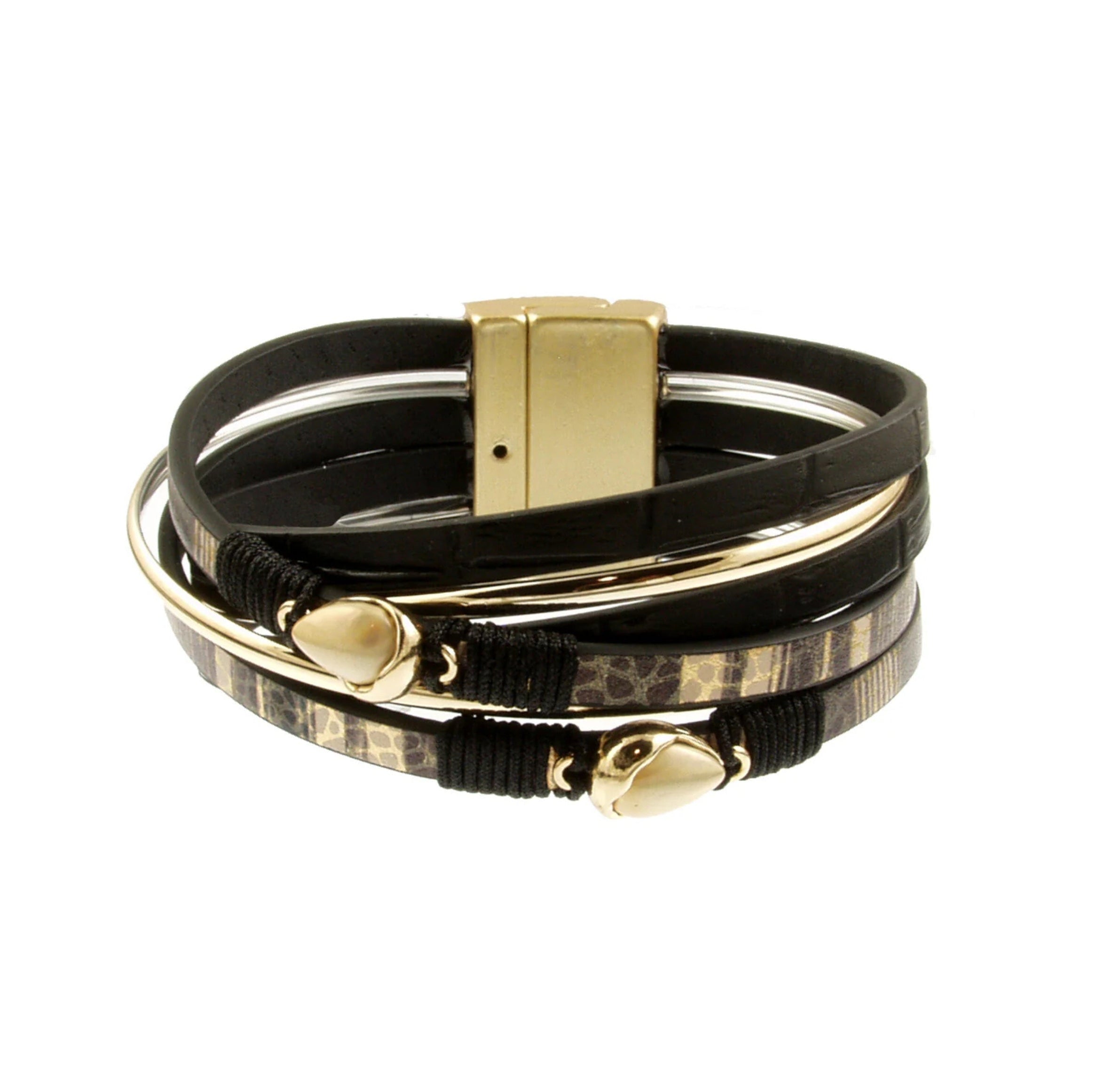 The Origin Black Matte Gold & Gold Teardrop Bead Magnetic Bracelet features multi-layered black bands, gold teardrop beads, and a sleek rectangular gold clasp.