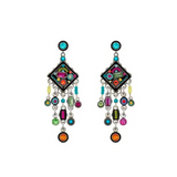 Bright and lively, the Calypso Elaborate Diamond w/Post & Dangles Multi-Color Earrings by Firefly showcase the artistry of handmade fair-trade jewelry. These geometric earrings feature diamond-shaped centers adorned with vivid multi-color patterns, complemented by dangling beads and circular accents in shades of blue, orange, green, pink, yellow, and purple.