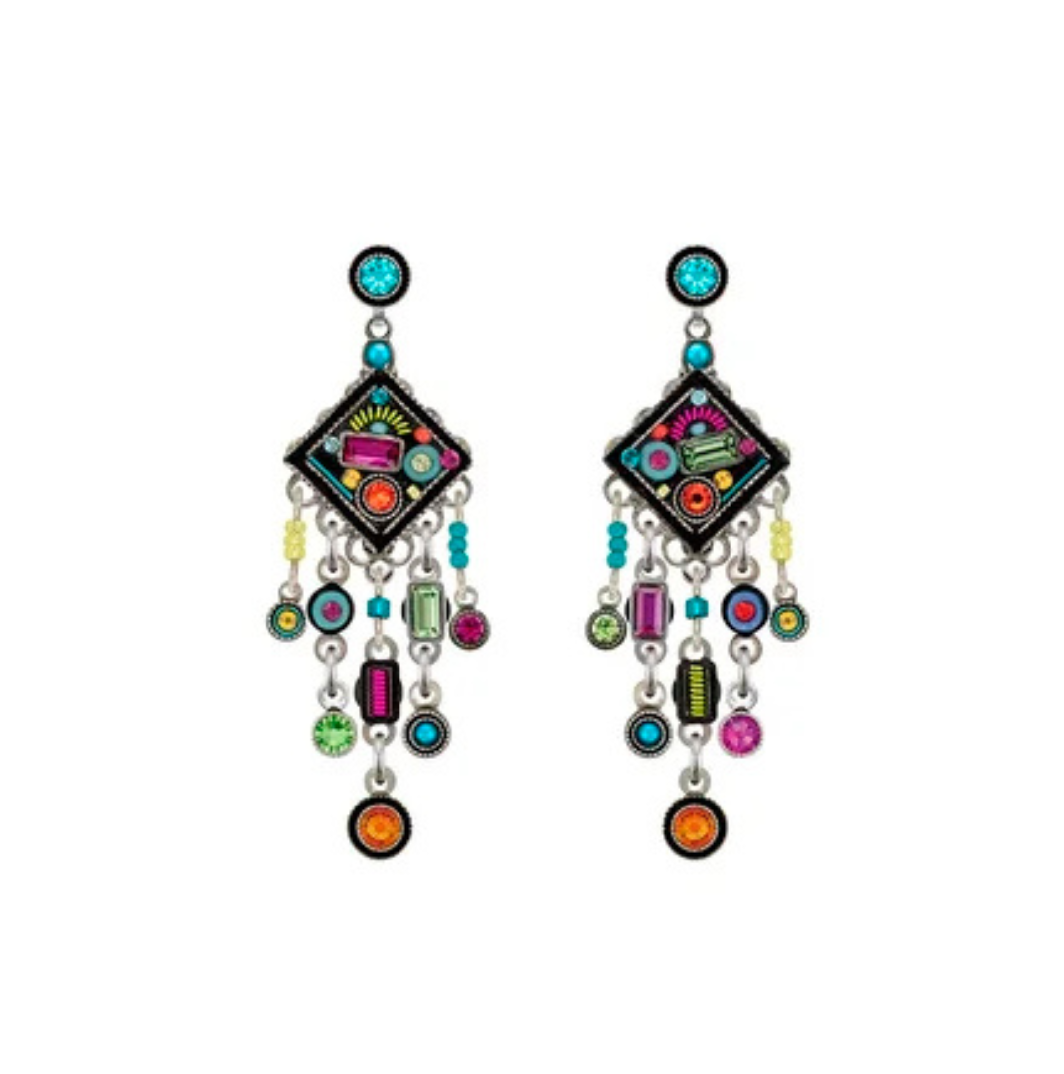 Bright and lively, the Calypso Elaborate Diamond w/Post & Dangles Multi-Color Earrings by Firefly showcase the artistry of handmade fair-trade jewelry. These geometric earrings feature diamond-shaped centers adorned with vivid multi-color patterns, complemented by dangling beads and circular accents in shades of blue, orange, green, pink, yellow, and purple.
