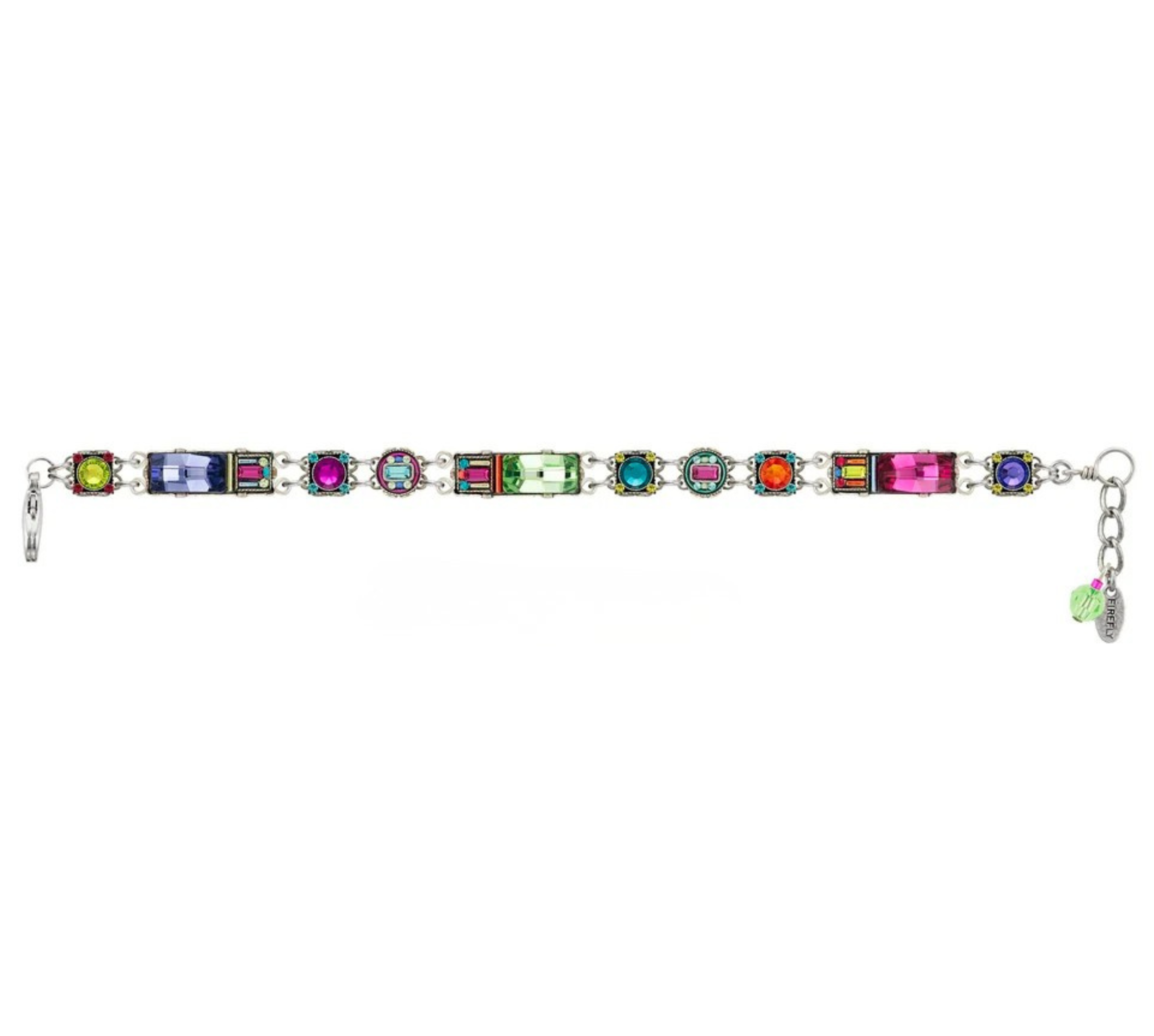 Introducing the Architectural Skinny Bracelet Multi-Color by Firefly Jewelry—a stunning bracelet featuring a mix of rectangular and round multi-colored gemstones set in silver links. Inspired by Firefly’s unique jewelry designs, this beautifully handmade piece from Guatemala offers an adjustable chain with a clasp for the perfect fit.