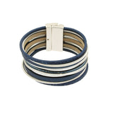 The Origin Matte Silver & Blue Magnetic Bracelet features multiple blue faux leather bands, matte silver-toned accents, and a secure rectangular magnetic clasp for a stylish look.