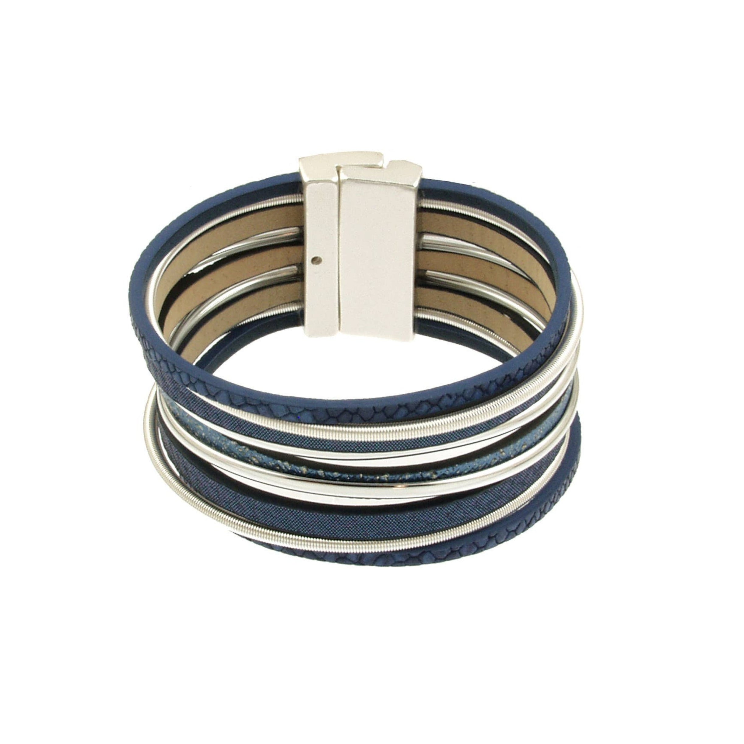 The Origin Matte Silver & Blue Magnetic Bracelet features multiple blue faux leather bands, matte silver-toned accents, and a secure rectangular magnetic clasp for a stylish look.