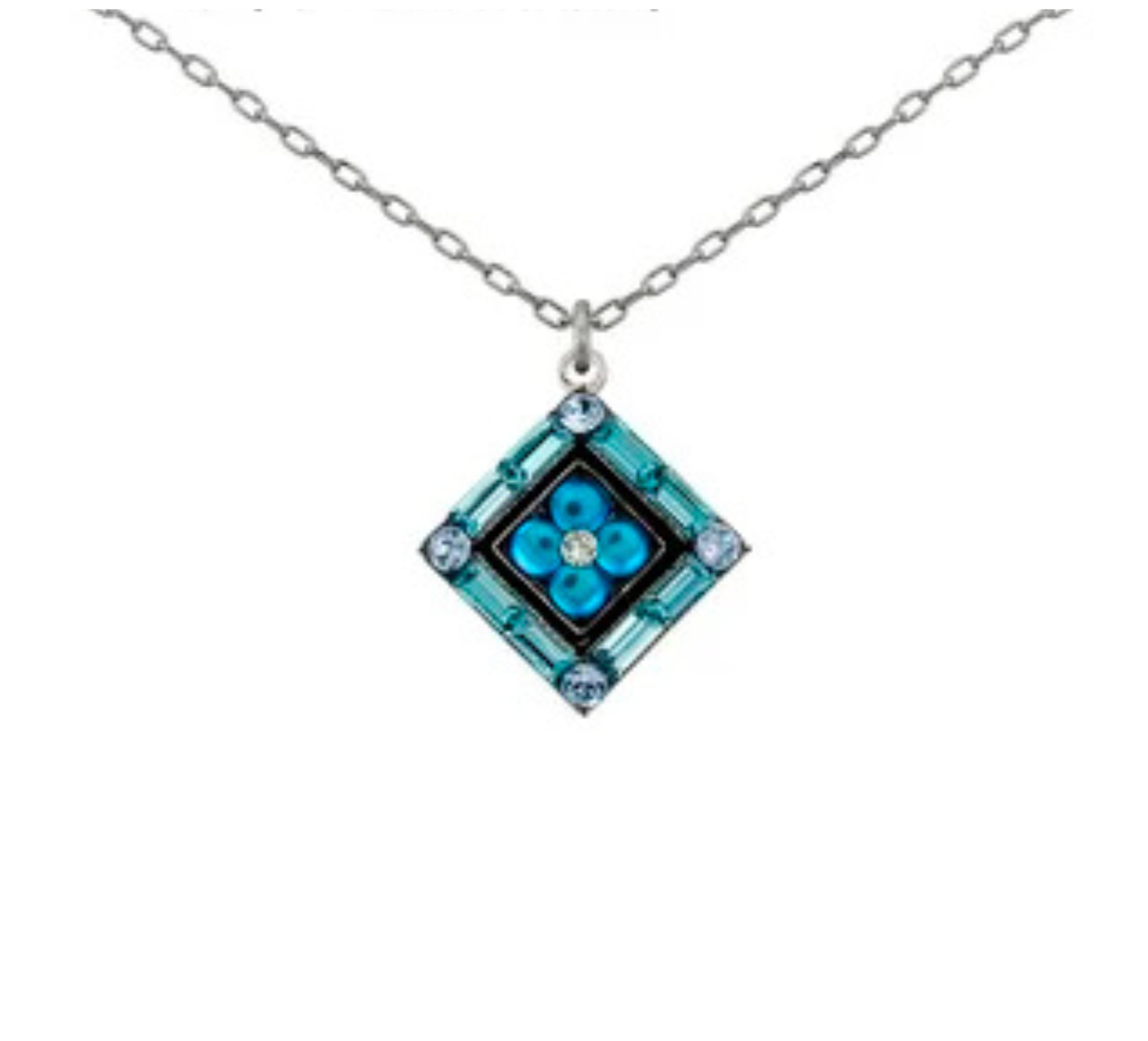 Introducing the La Dolce Vita Diamond Moonlight Light Blue - Firefly Jewelry by Firefly: a handmade silver chain necklace showcasing a square blue pendant with a central flower motif and four delicate round gemstones at each corner. Inspired by the La Dolce Vita Diamond Moonlight Light Blue collection, this exquisite piece beautifully blends timeless elegance with artisanal craftsmanship.