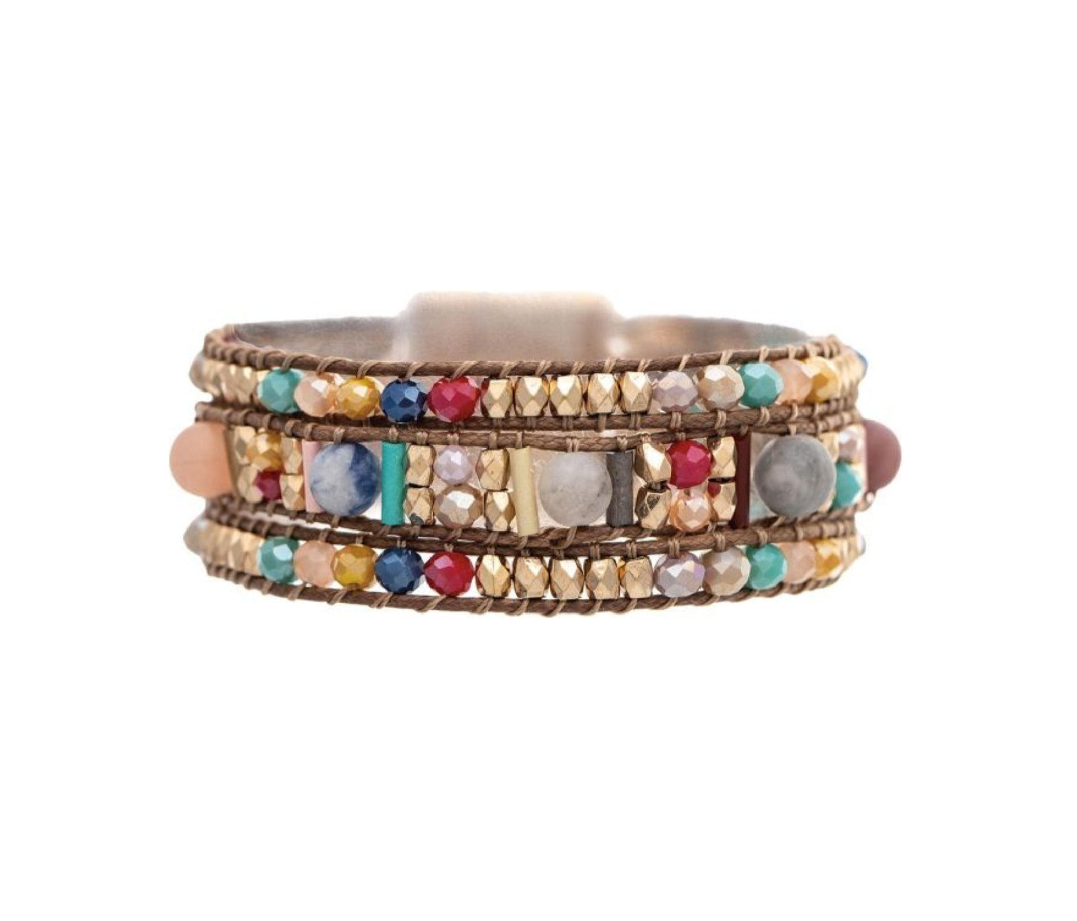 The A-Train Gold Multicolor Bead Cord Woven Bead Magnetic Bracelet features vibrant rows of colorful and gold-tone beads on brown cord, adding a lively accent to any outfit.