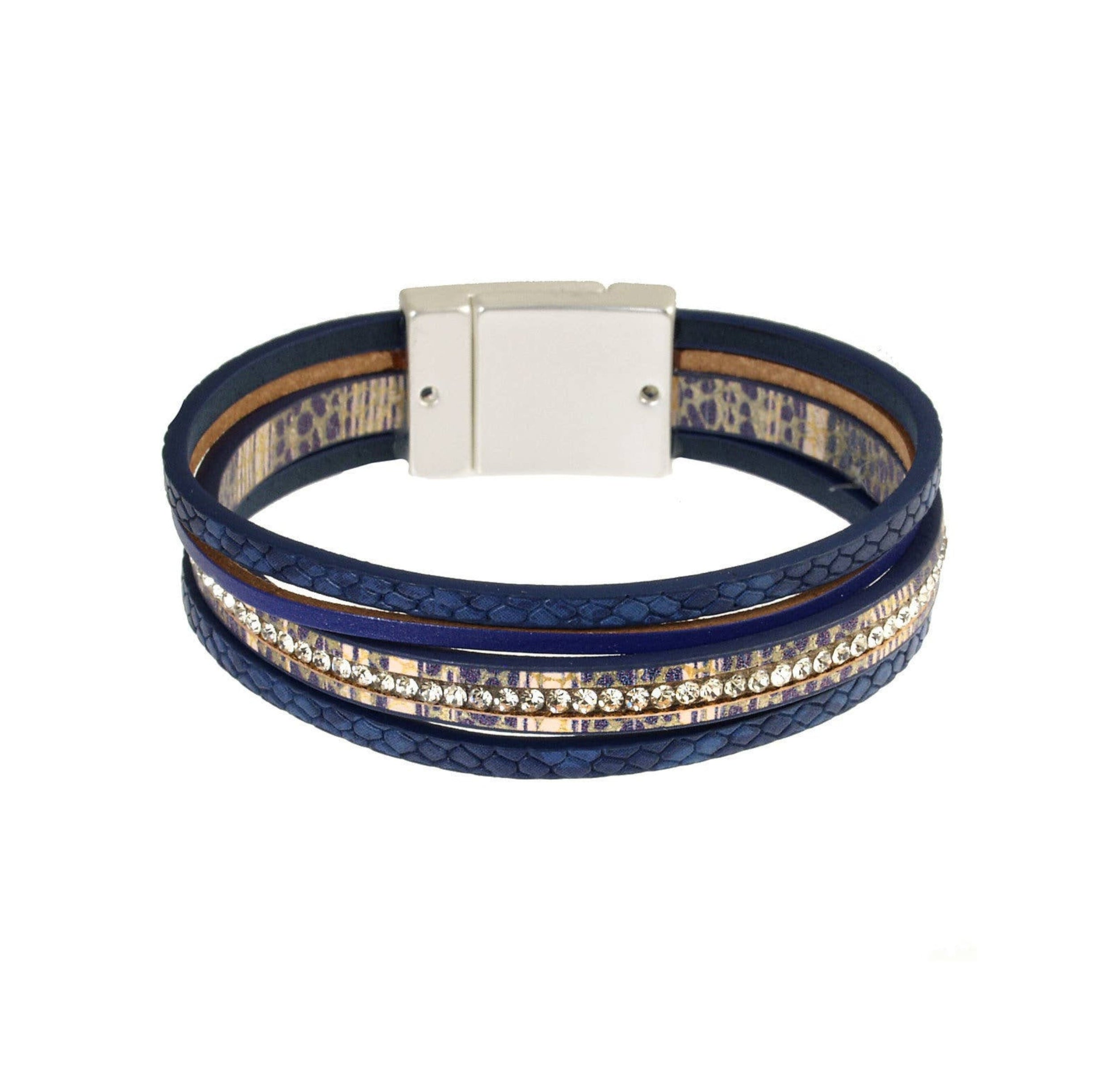 The Origin Matte Silver, Navy & Crystals Magnetic Bracelet features navy faux leather bands, gold accents, clear rhinestones, and a rectangular silver magnetic clasp.