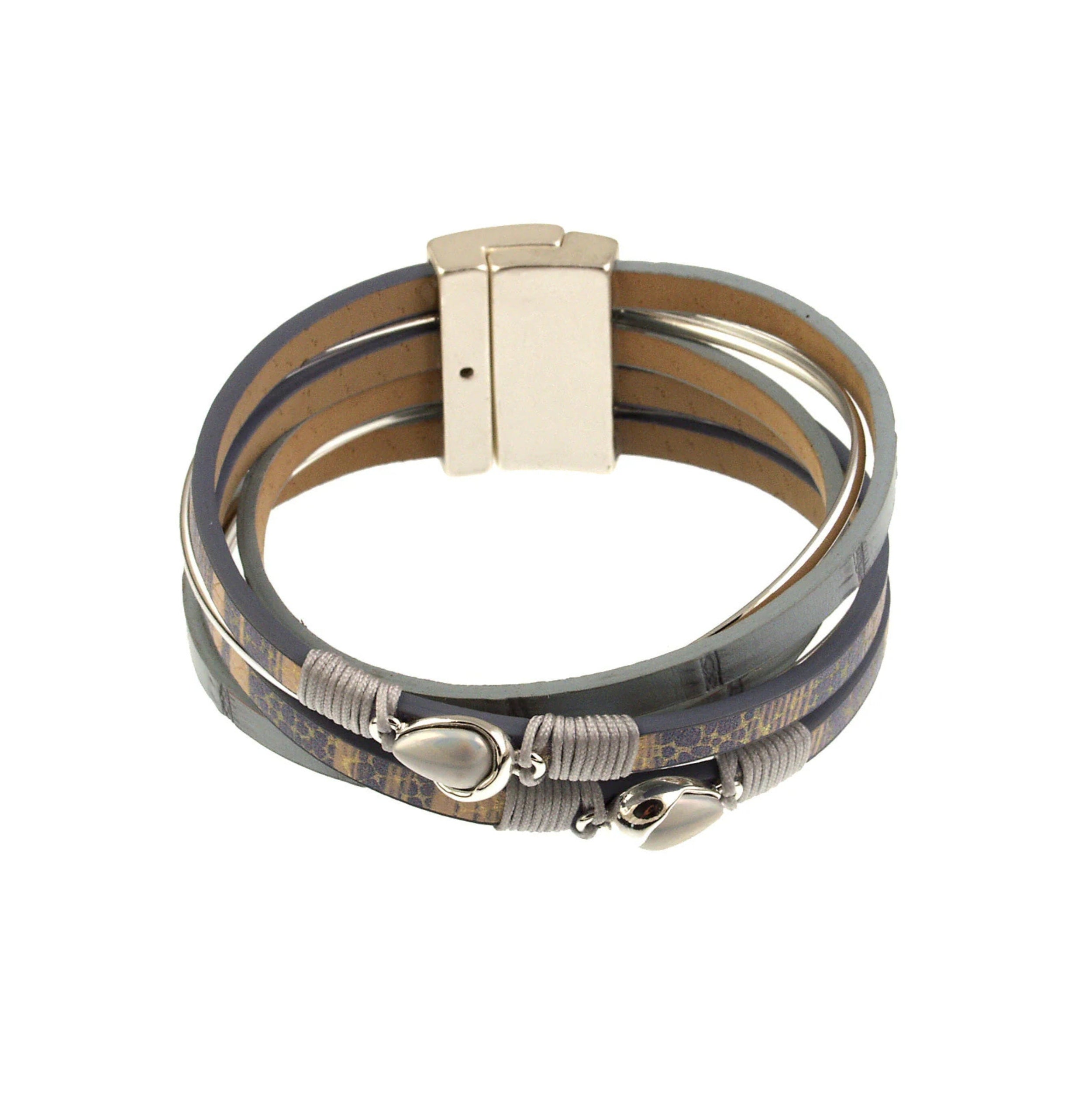 The Origin Shiny & Matte Silver, Light Blue Magnetic Bracelet features layered silver and light blue bands with a sleek magnetic clasp—a versatile accessory to complement any style.