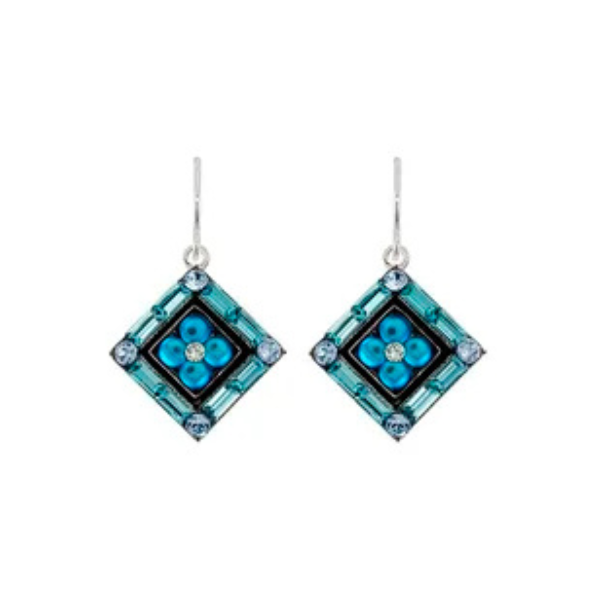 A pair of Firefly’s La Dolce Vita Diagonal Moonlight Light Blue Earrings, showcasing dangling geometric squares adorned with sparkling blue stones, silver hooks, and a central floral motif. This exquisite handmade jewelry exemplifies elegance and is thoughtfully crafted by Firefly to honor Fair Trade values.