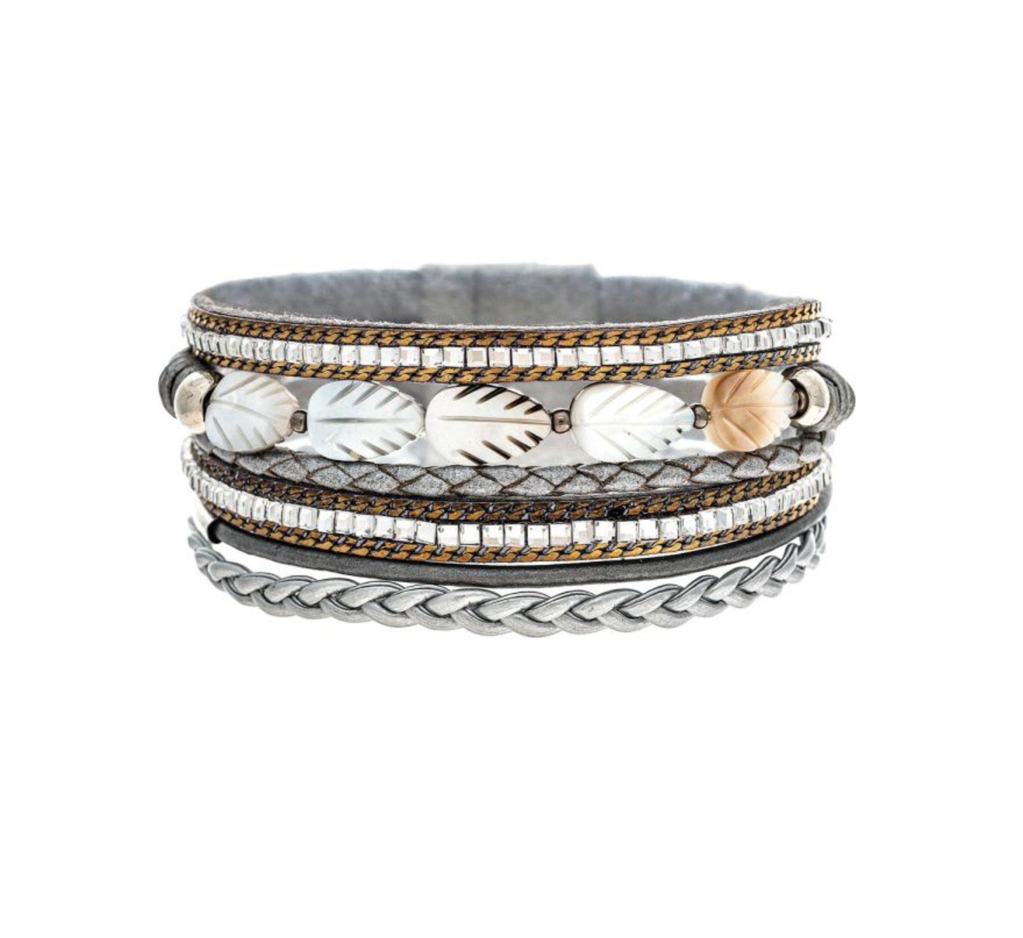 The A-Train Silver Gray Crystal Shell Leaves Magnetic Bracelet features braided and metallic bands, sparkling beads, and cream and tan leaf accents, blending textures and patterns in silver, gray, gold, and neutral tones.