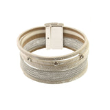 The Origin Shiny Mesh Silver, White & Crystals Magnetic Bracelet features layered textures with shiny mesh and braided patterns, small round crystals, and a secure metallic magnetic clasp.