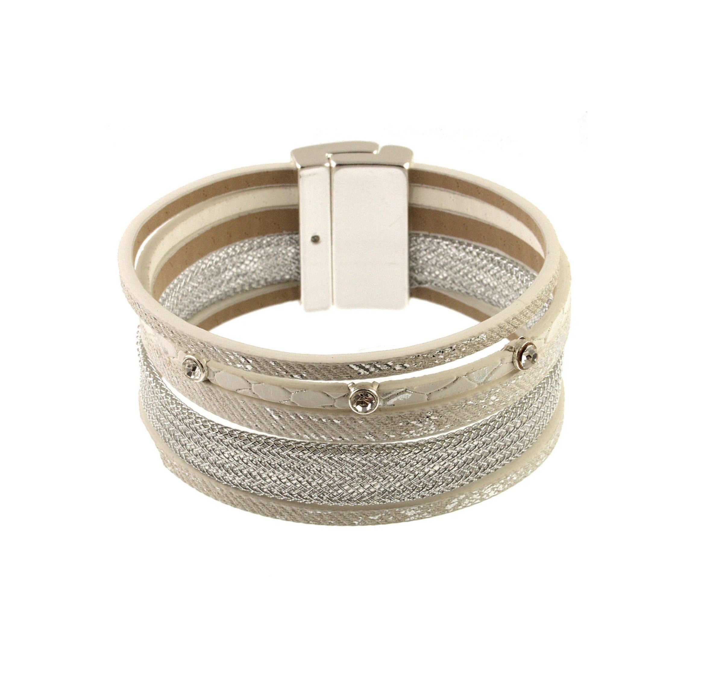 The Origin Shiny Mesh Silver, White & Crystals Magnetic Bracelet features layered textures with shiny mesh and braided patterns, small round crystals, and a secure metallic magnetic clasp.
