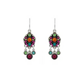 Experience the exquisite craftsmanship of Firefly with the Architectural Diamond Dropdown Earring Multi-Color—ornate dangle earrings featuring a vibrant array of pink, green, blue, and orange gemstones set in an intricate silver design. Each earring showcases three hanging gemstone charms, making them a stunning choice for those who appreciate unique handmade jewelry.
