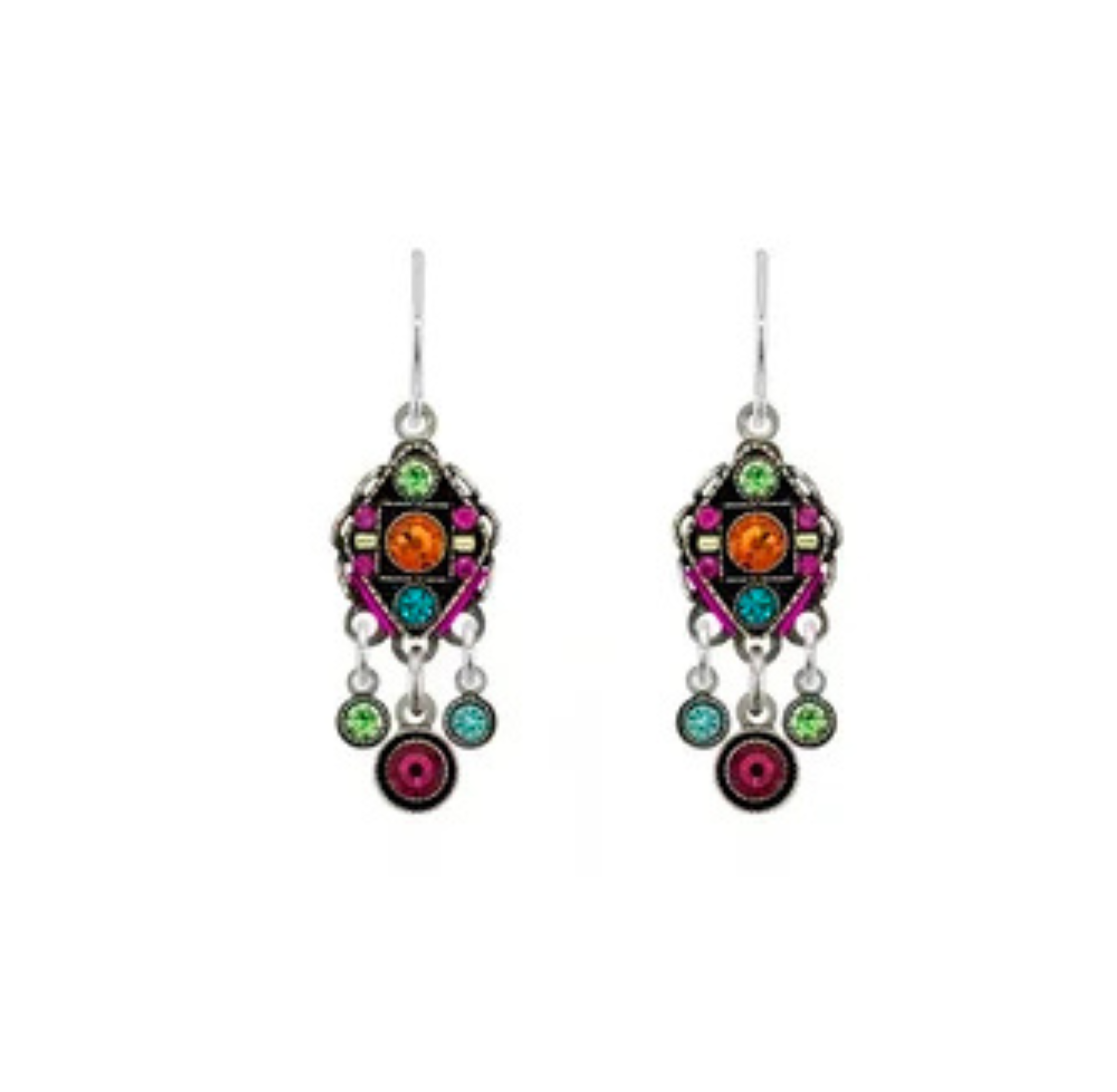 Experience the exquisite craftsmanship of Firefly with the Architectural Diamond Dropdown Earring Multi-Color—ornate dangle earrings featuring a vibrant array of pink, green, blue, and orange gemstones set in an intricate silver design. Each earring showcases three hanging gemstone charms, making them a stunning choice for those who appreciate unique handmade jewelry.
