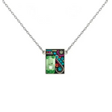 Introducing the Geometric Rectangle Pendant Multi-Color with Peridot Accent Necklace by Firefly. This silver chain necklace features a rectangular pendant adorned with a vibrant mosaic of red, blue, and green patterns, highlighted by a large green peridot accent. Handmade in Guatemala, this exquisite piece by Firefly Jewelry showcases exceptional craftsmanship and striking design.