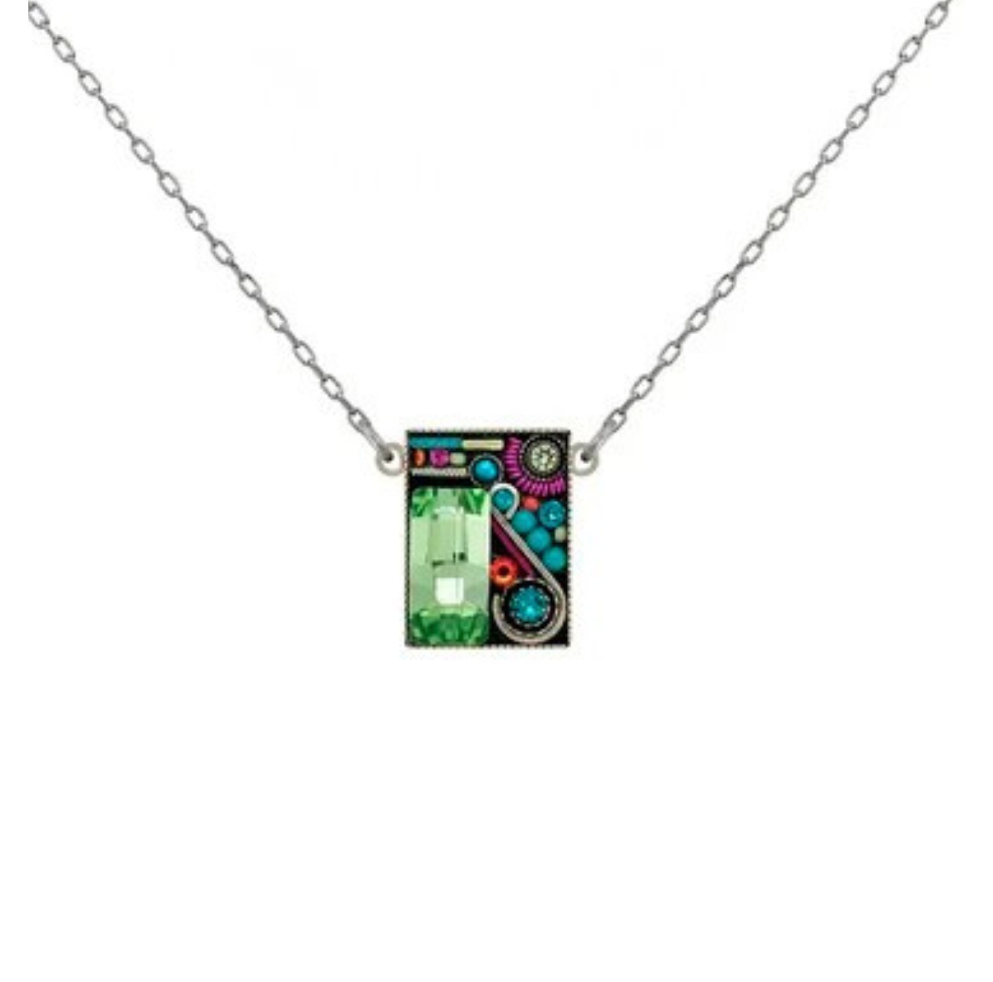 Introducing the Geometric Rectangle Pendant Multi-Color with Peridot Accent Necklace by Firefly. This silver chain necklace features a rectangular pendant adorned with a vibrant mosaic of red, blue, and green patterns, highlighted by a large green peridot accent. Handmade in Guatemala, this exquisite piece by Firefly Jewelry showcases exceptional craftsmanship and striking design.