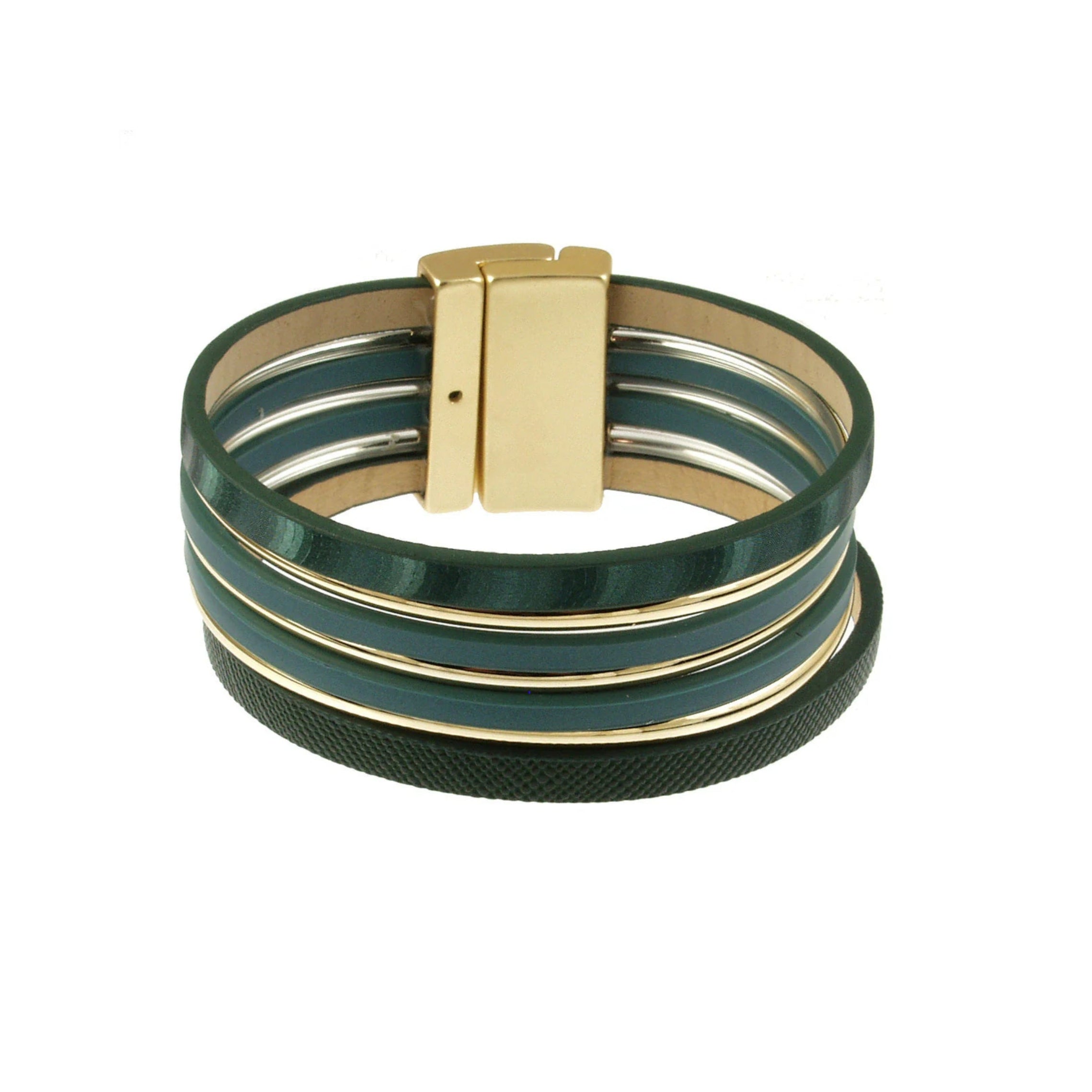 The Origin Light Matte KC Gold/Green Magnetic Bracelet features green and gold multi-strands in mixed metals, finished with a rectangular light matte KC gold clasp for a modern layered look.