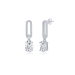 Classic of New York Sterling Silver Paperclip w/Oval CZ Dangle Earrings feature oval clear CZ gemstones in four-prong settings, suspended from rectangular silver links with rhodium plating for added shine. Shown on a white background.