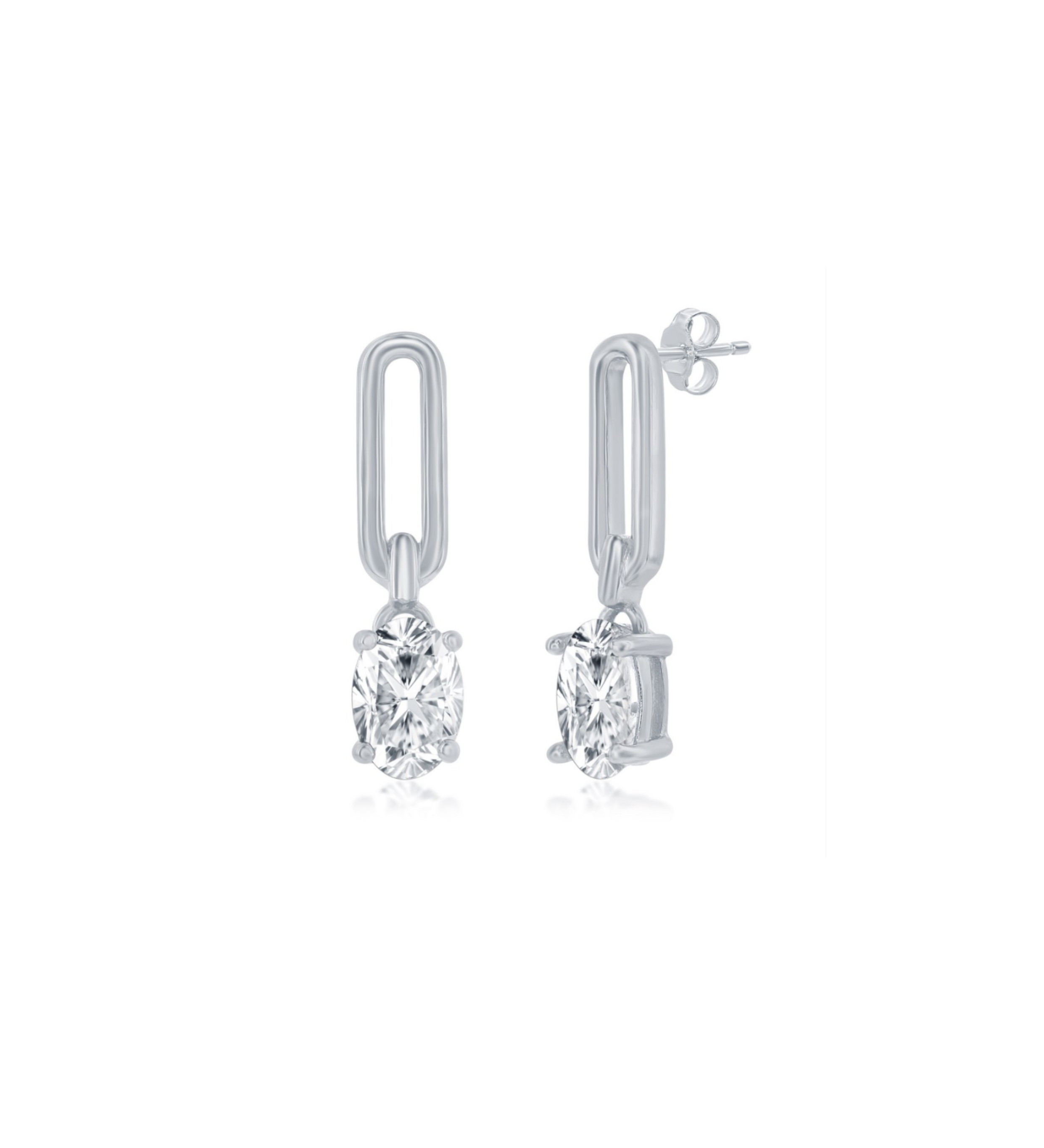 Classic of New York Sterling Silver Paperclip w/Oval CZ Dangle Earrings feature oval clear CZ gemstones in four-prong settings, suspended from rectangular silver links with rhodium plating for added shine. Shown on a white background.