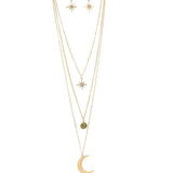 The A-Train Gold Three Layer Moon/Star Necklace Set features star-shaped earrings and a layered necklace with starburst, green stone, and crescent moon pendants for a chic, versatile look.