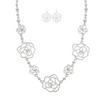 A-Train Silver Cutout Roses Faux Pearl Necklace Set showcases large and small openwork rose designs with round beads, paired with matching rose-shaped drop earrings, all displayed on a white background.