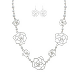 A-Train Silver Cutout Roses Faux Pearl Necklace Set showcases large and small openwork rose designs with round beads, paired with matching rose-shaped drop earrings, all displayed on a white background.