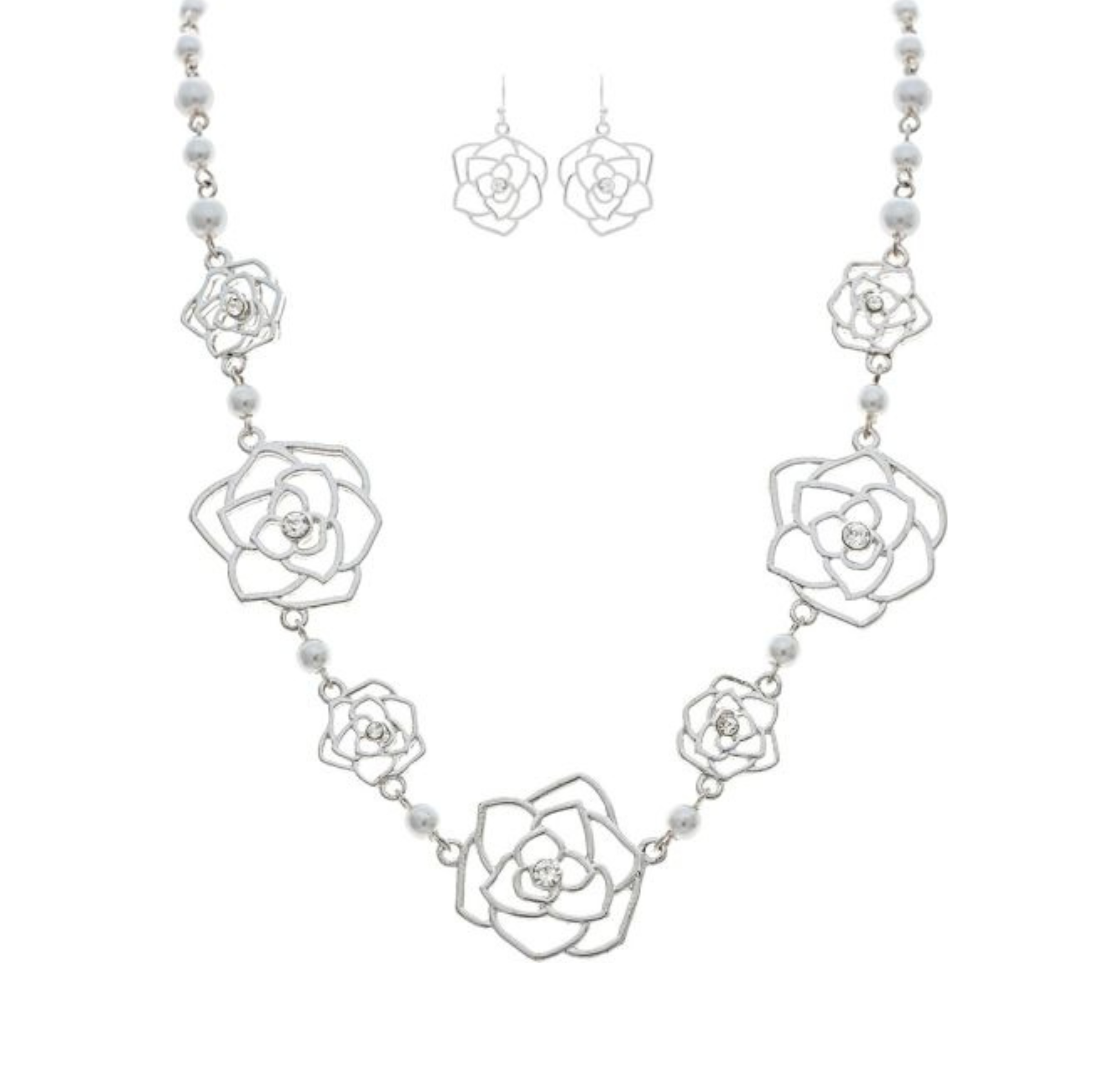 A-Train Silver Cutout Roses Faux Pearl Necklace Set showcases large and small openwork rose designs with round beads, paired with matching rose-shaped drop earrings, all displayed on a white background.