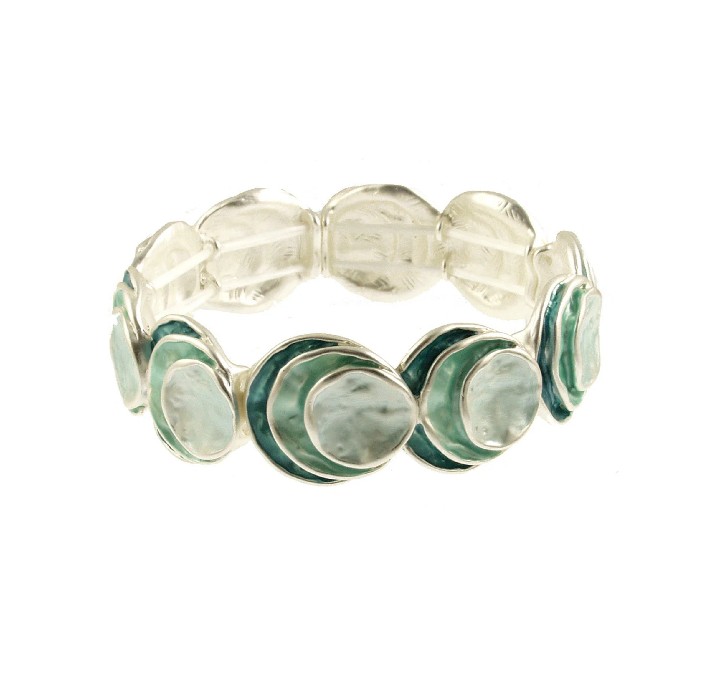 The Origin Silver Layered Aqua Circle Bracelet showcases overlapping round discs with green and light blue enamel accents, offering a versatile and elegant design perfect for any occasion.