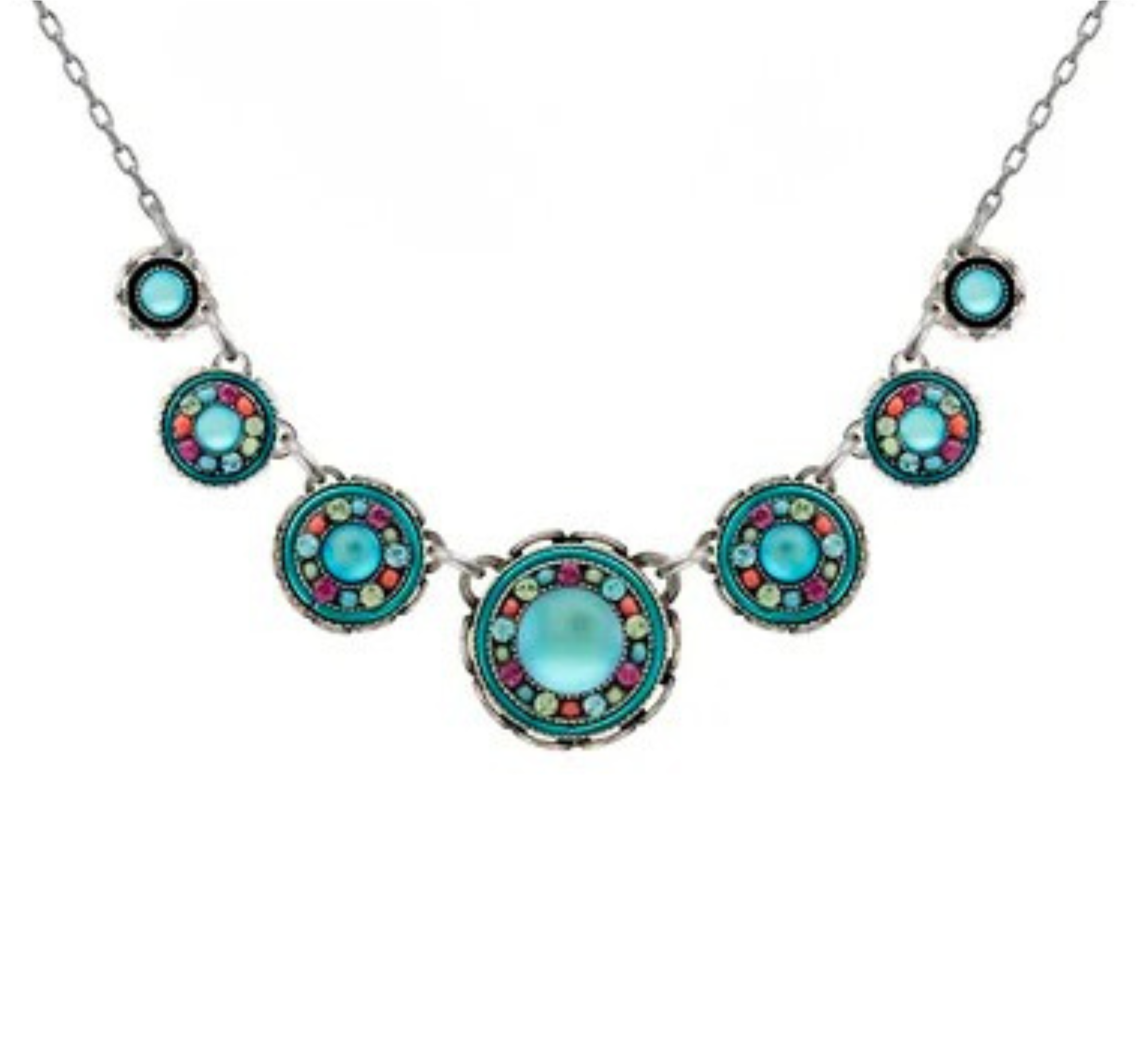 Adorned with five round pendants, each showcasing a vibrant turquoise center and accented with splashes of pink, green, and yellow, the Kensington Circles Bermuda Blue Necklace by Firefly is a stunning piece of handmade jewelry. Arranged symmetrically on a delicate silver chain, this fair-trade accessory captures vibrant elegance in every detail—perfect for anyone who appreciates unique craftsmanship from Firefly Jewelry.
