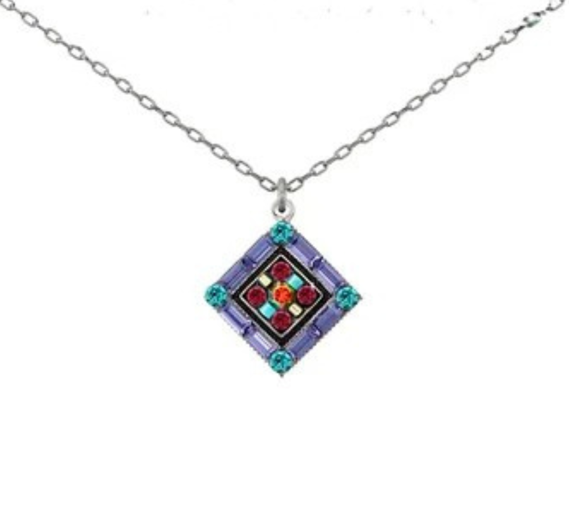 Adorn yourself with the La Dolce Vita Diamond Multi-Color necklace from Firefly—a silver chain featuring a diamond-shaped pendant inlaid with purple, blue, red, and green gemstones arranged in a striking geometric design. Handcrafted in Guatemala, this piece of fair-trade jewelry exemplifies Firefly’s artistry and vibrant elegance.
