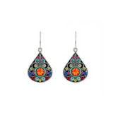 Introducing the Large Filigree Multi-Color Earrings by Firefly—a pair of stunning, fair trade earrings handcrafted with intricate silver metalwork. These unique Firefly earrings feature teardrop-shaped designs accented by a vivid orange center stone and surrounded by blue, green, pink, and red gemstones, showcasing the brand’s signature artistry in every detail.