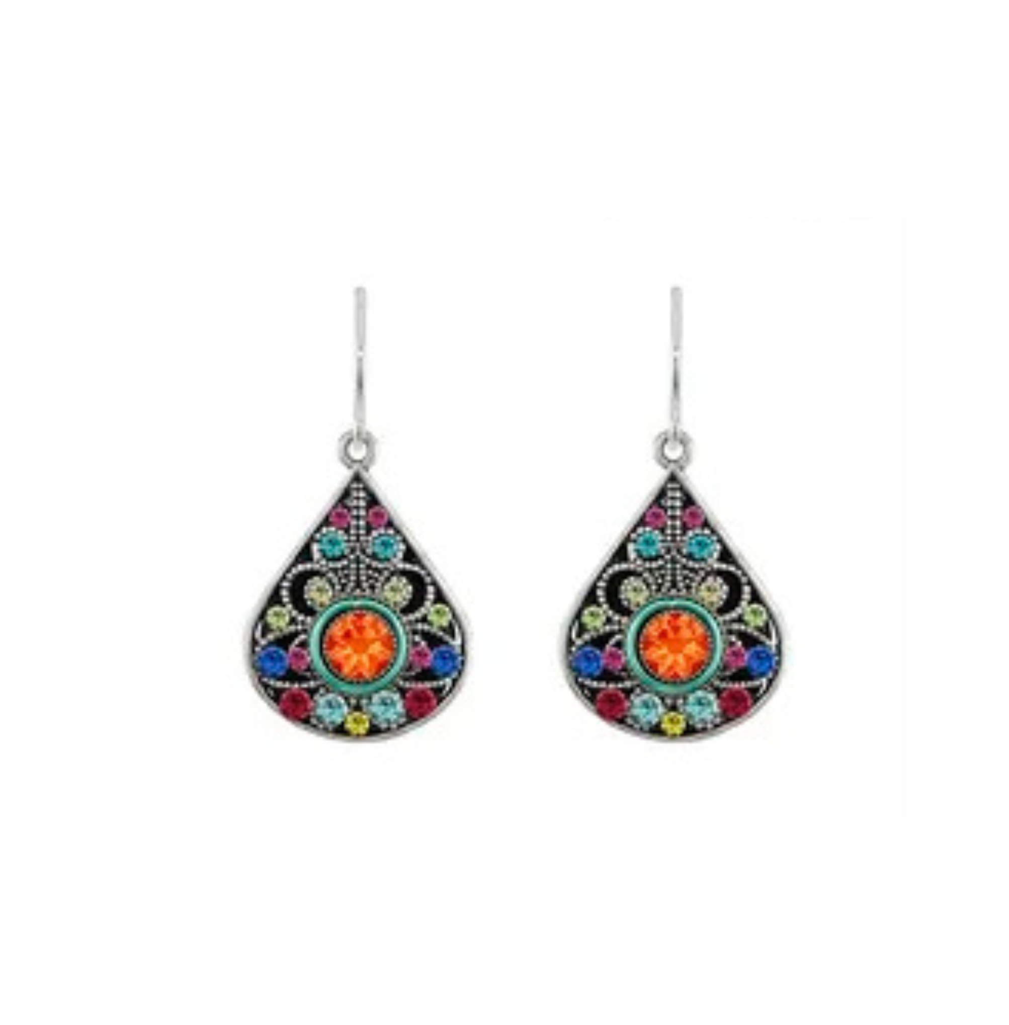 Introducing the Large Filigree Multi-Color Earrings by Firefly—a pair of stunning, fair trade earrings handcrafted with intricate silver metalwork. These unique Firefly earrings feature teardrop-shaped designs accented by a vivid orange center stone and surrounded by blue, green, pink, and red gemstones, showcasing the brand’s signature artistry in every detail.
