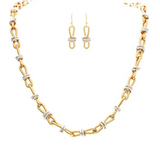 The A-Train Two-Tone Infinity w/Circles Chain Link Necklace Set features gold and silver links with matching dangle earrings, highlighting mixed metals against a crisp white background.