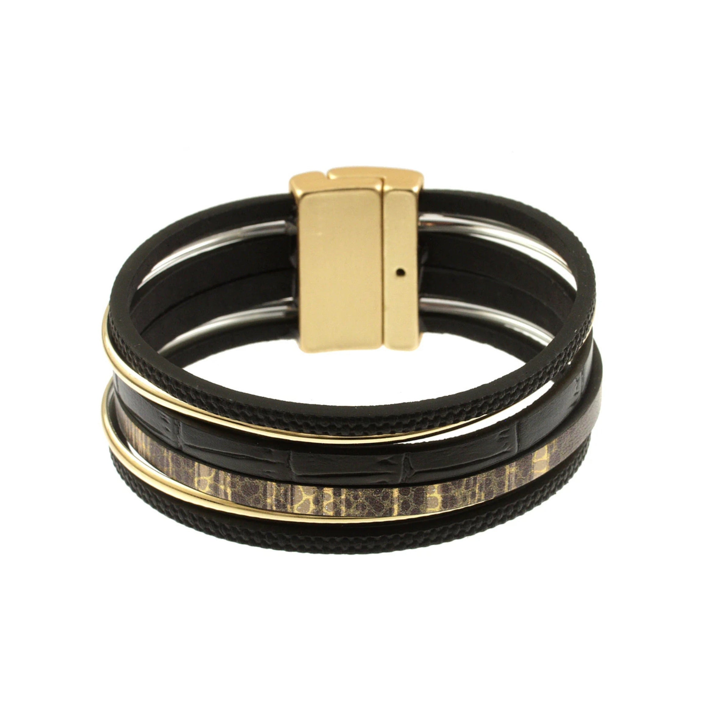 The Origin Matte Gold & Black Print-6 Strand Magnetic Bracelet showcases multiple black leather strands, gold metallic accents, and a wide magnetic clasp in a modern, layered design.