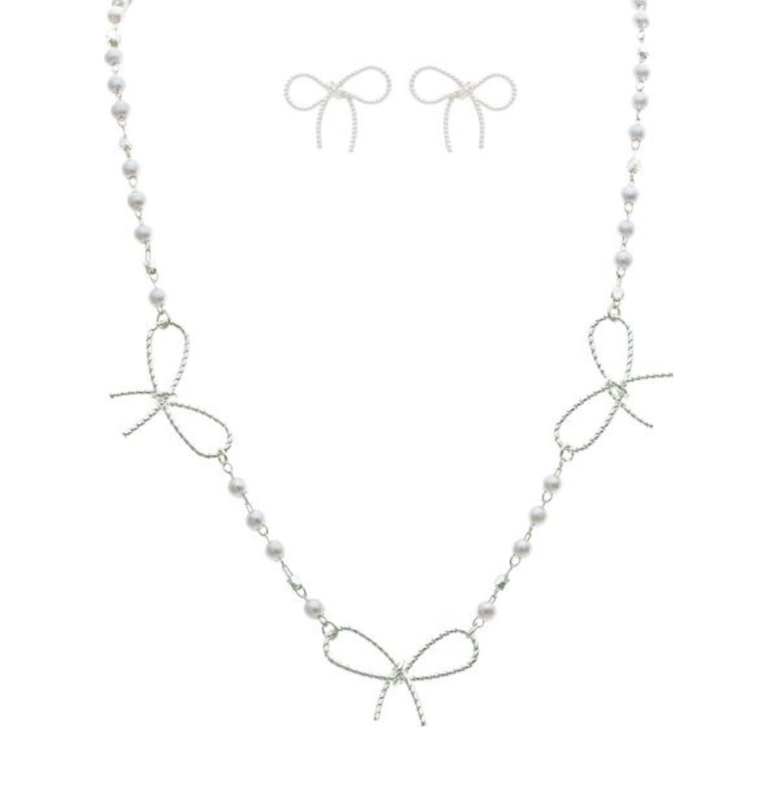 The A-Train Silver Faux Pearl Link Bow Stations Necklace Set features three wire bow designs with small silver faux pearl beads, paired with matching bow-shaped earrings.