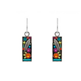 Introducing the Botanical Leaf Rectangle Multi-Color Earrings by Firefly—rectangular drop earrings featuring a vibrant mosaic of small, round gemstones and a delicate metallic feather motif, all set in a silver frame with hooks for pierced ears. Handmade in Guatemala and inspired by Firefly Jewelry’s signature artistry, these botanical leaf earrings beautifully blend elegance and creative craftsmanship.