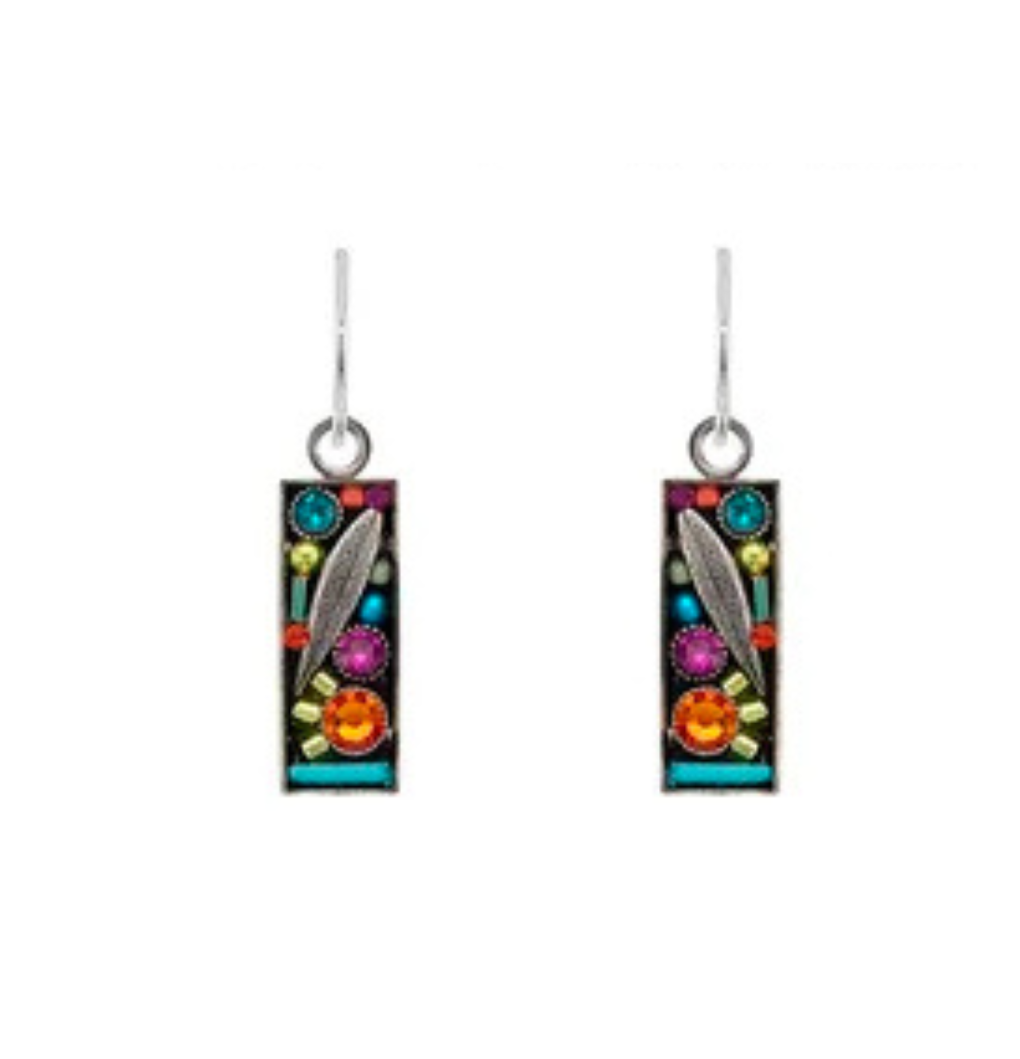 Introducing the Botanical Leaf Rectangle Multi-Color Earrings by Firefly—rectangular drop earrings featuring a vibrant mosaic of small, round gemstones and a delicate metallic feather motif, all set in a silver frame with hooks for pierced ears. Handmade in Guatemala and inspired by Firefly Jewelry’s signature artistry, these botanical leaf earrings beautifully blend elegance and creative craftsmanship.